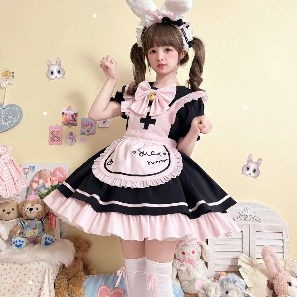 MAGOGO Sweetheart Maid Cute Soft Girls Lolita OP Mini Dress Women Anime Cosplay Kawaii Bow Apron Short Sleeves Princess Dresses