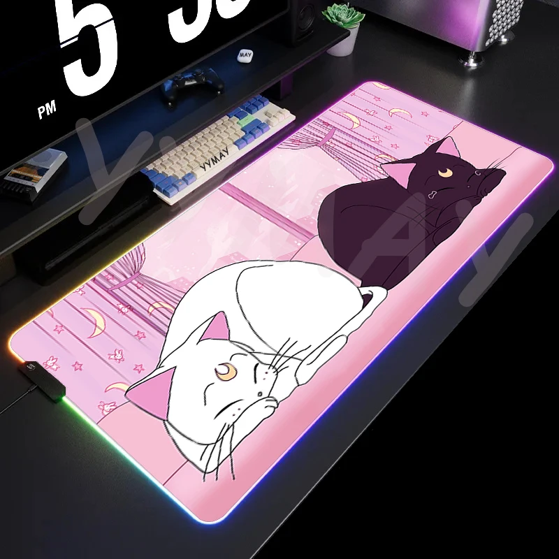 Tapete do rato do jogo do gato rosa RGB grande, bebê bonito Mousepad, almofadas luminosas do rato, tapete grande do rato do diodo emissor de luz, tapetes retroiluminados do teclado