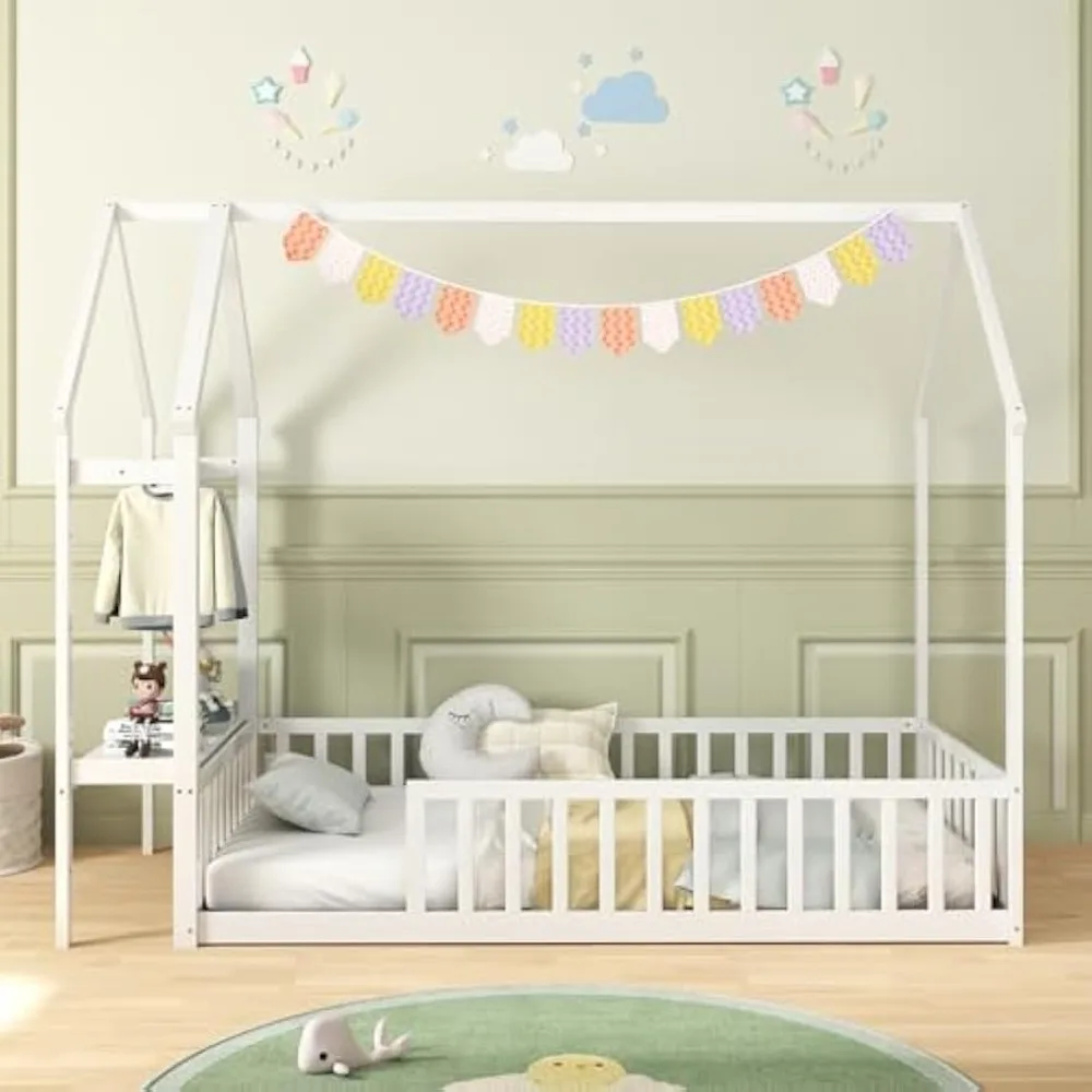 سرير Giantex Twin House Floor، سرير مونتيسوري من الخشب الصلب مع رف تخزين قابل للفصل، شماعة ملابس ودرابزين، سرير مزدوج #4