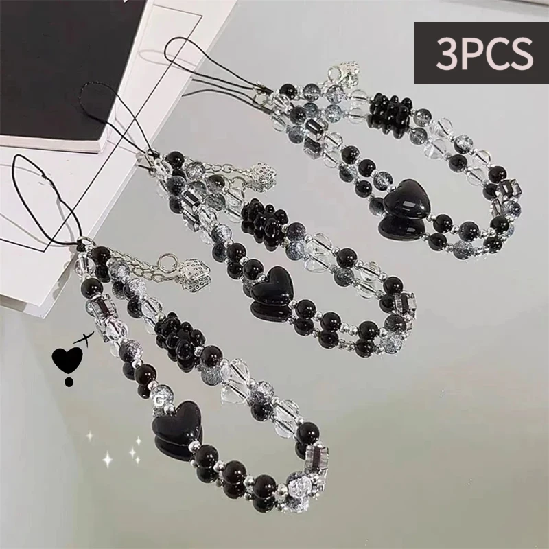 

Набор из 3 корейских цепочек для телефона в стиле Y2K с черным медведем и сердцем, модный кулон для iPhone, универсальный аксессуар для Samsung, подвеска-шнурок для телефона