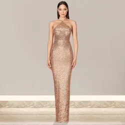 Robe longue fendue inférieure pour femmes, robe de soirée formelle, robe de Rhde cocktail, robe de soirée sexy, col à paillettes, élégante, Hxy9