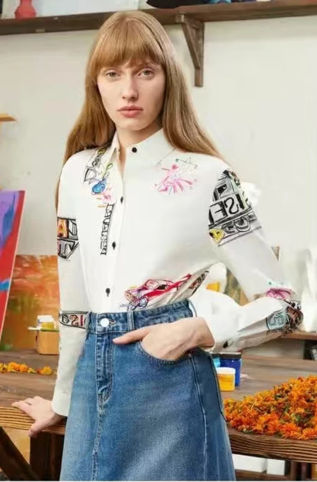 Foreign trade original single Spanish print fashion lapel loose casual shirt