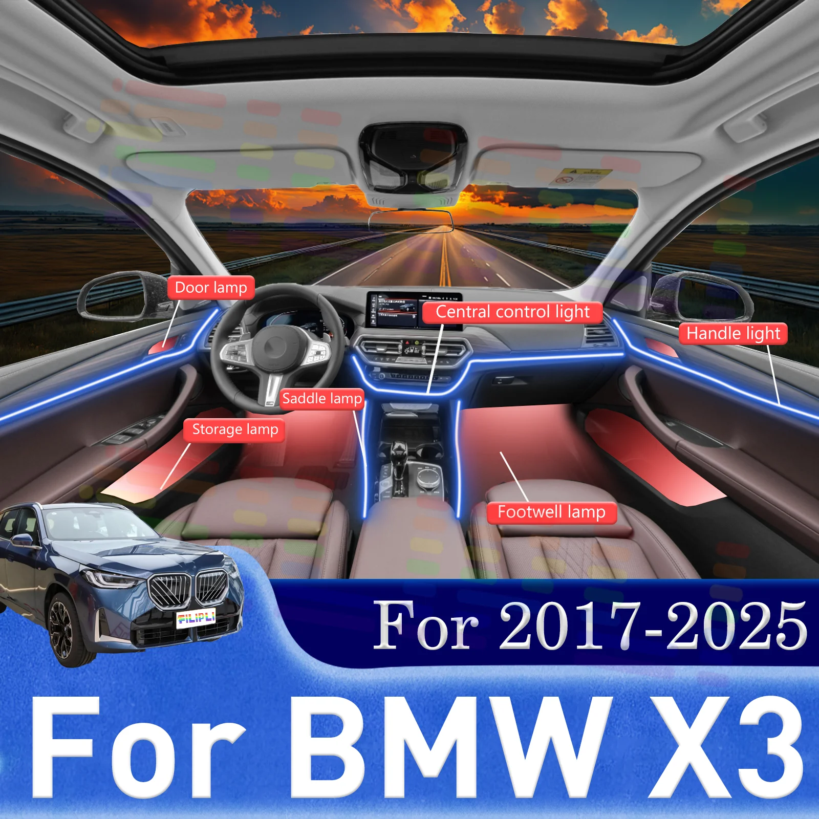 

Для BMW X3 умный пульт дистанционного управления салона автомобиля окружающее освещение RGB 64 цвета светодиодный быстроблокирующий монтажный набор для 2017-2025 гг.