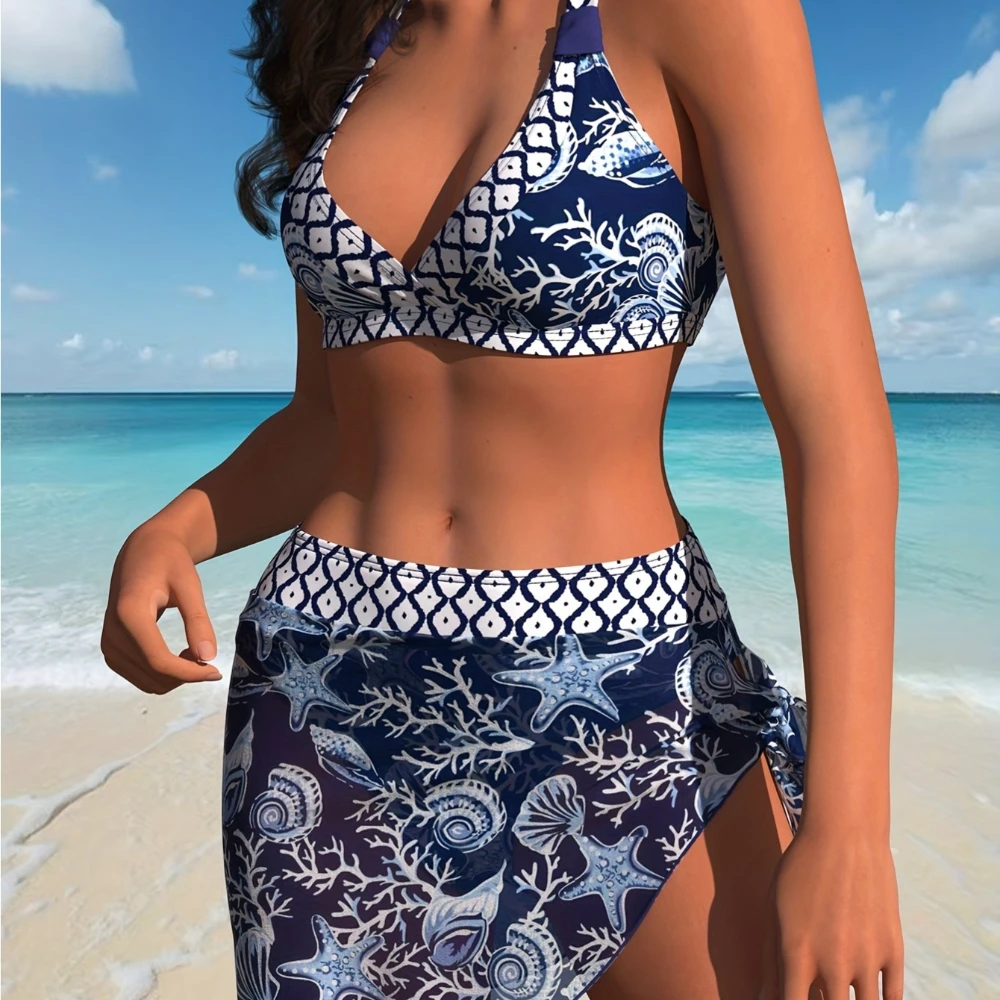 Women’s Asymmetrical Bikini Set Black One-Shoulder Crop Top with Geometric Trim & High-Waist Printed Bottom, Modern Beach Style