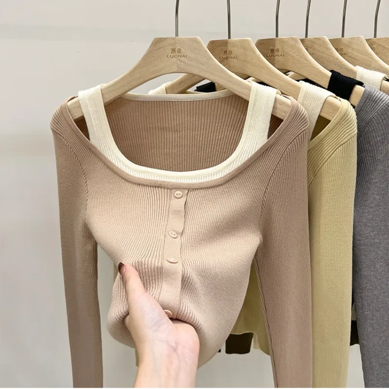 Women's Autumn Winter Fashion Solid Color Square Neck Patchwork Versatile Long Sleeved Slim Fit Fake Two-piece Knitted Shirt Top
