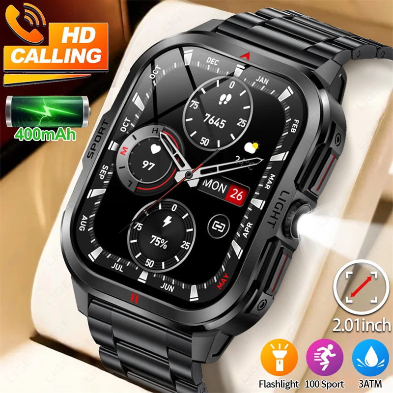 

LIGE New LED Flashlight Smart Watch Men 2.01"HD Smartwatch BT Call 3ATM Waterproof Health Monitoring Smart Watch for Android iOS