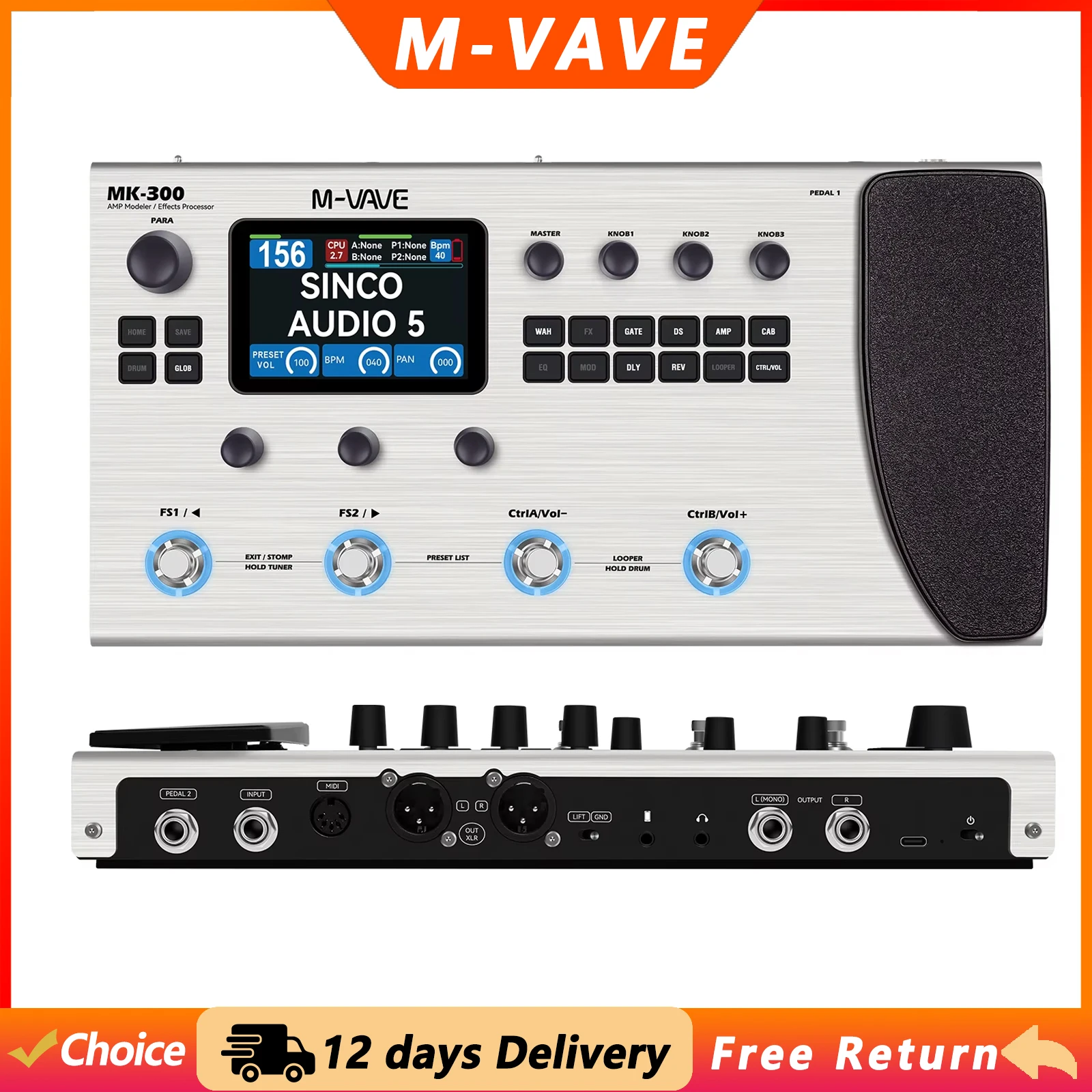 M-VAVE MK-300 Guitar Multi-Effect Pedal Processor 150s Looper 128 Drum MIDI DAW ANN Neural Modeling 120AMP 11 FX Modules 100 CAB