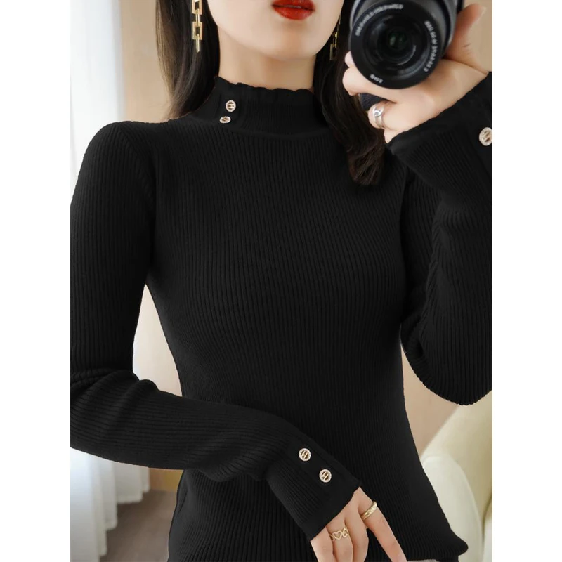 Women\'s Clothing Autumn Winter Korean Fashion Half High Collar Basic Knitwear Long Sleeve Slim Pullover Tops Elegant Chic Jumper