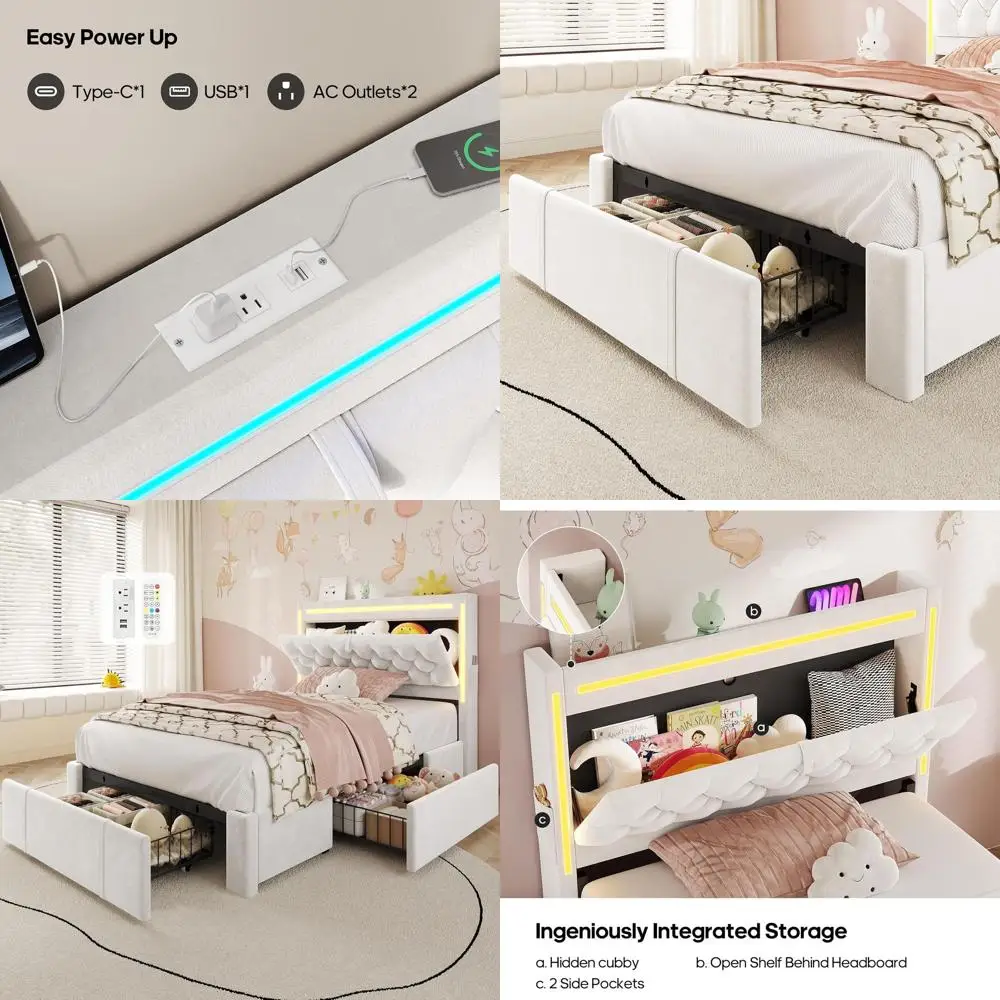 

Двуспальная кровать Twin Size из вельвета с местом для хранения, 3 выдвижных ящика XL, питание через USB/Type-C, кремово-белый цвет