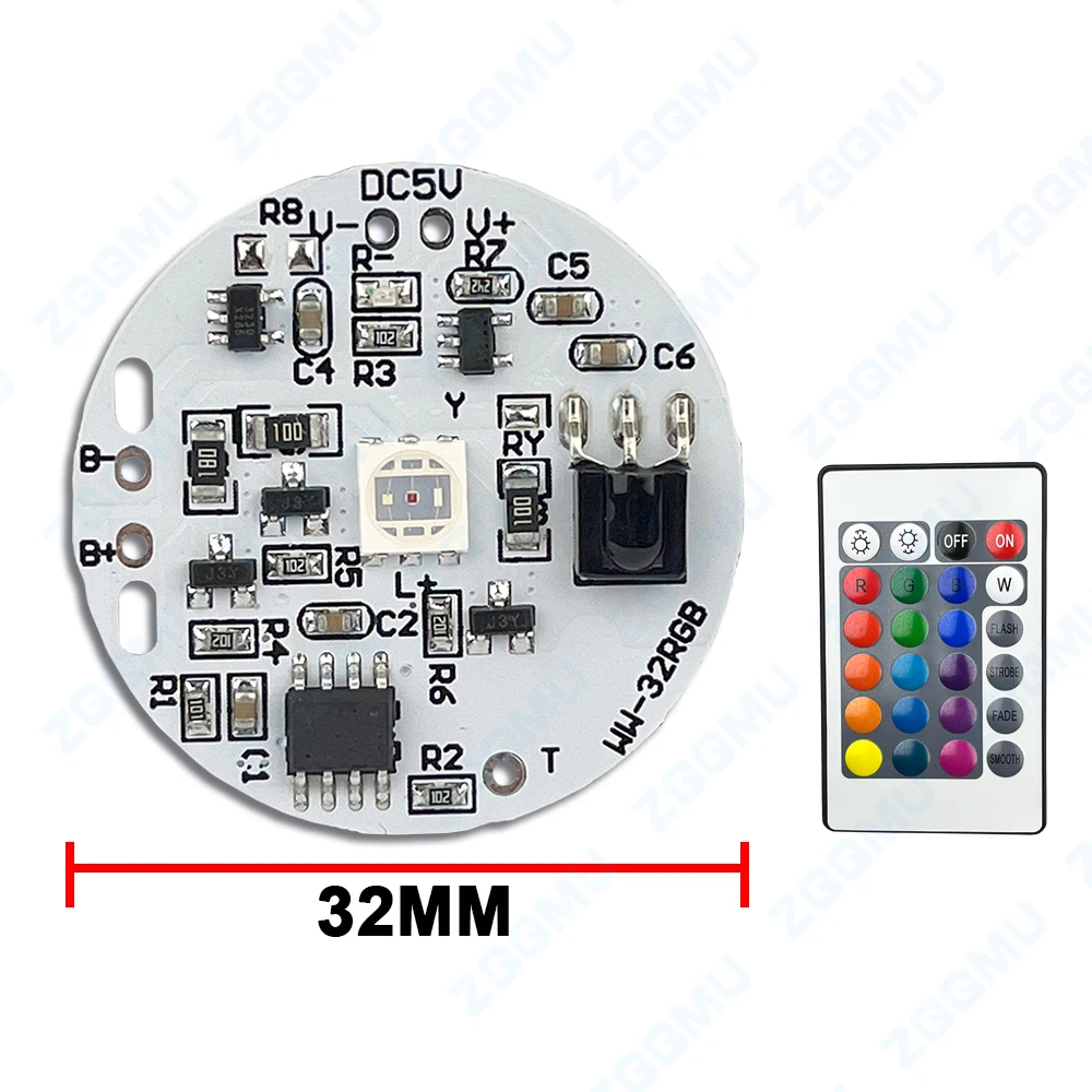 LED RGB Light Board com controle remoto, baixa tensão, gradiente colorido, PCB, placa de fonte de luz, EChargeable, 16 cores, 32mm, DC5V