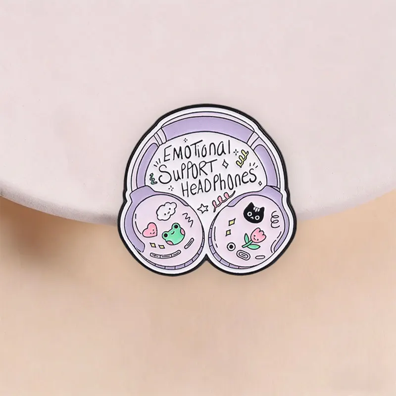 Emotional Support Headphones Enamel Pin Cute Frog Cat Flower Clouds Brooch Mental Health Badge Jewelry Accessories Gift