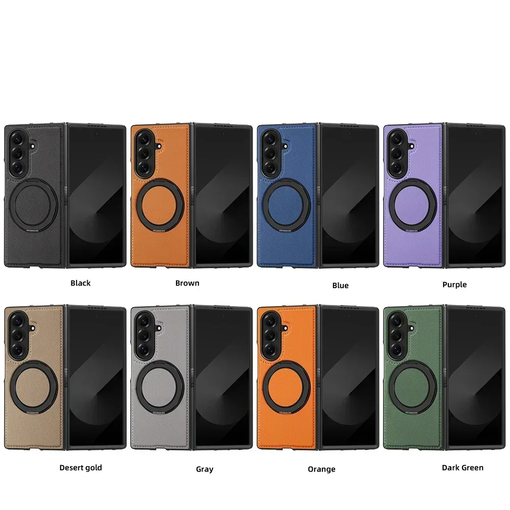 

For Wireless Charging Business Leather Folding Phone Case for Samsung Galaxy Z Fold 7 6 5 4 3 Magsafe Metal Ring Bracket Shell