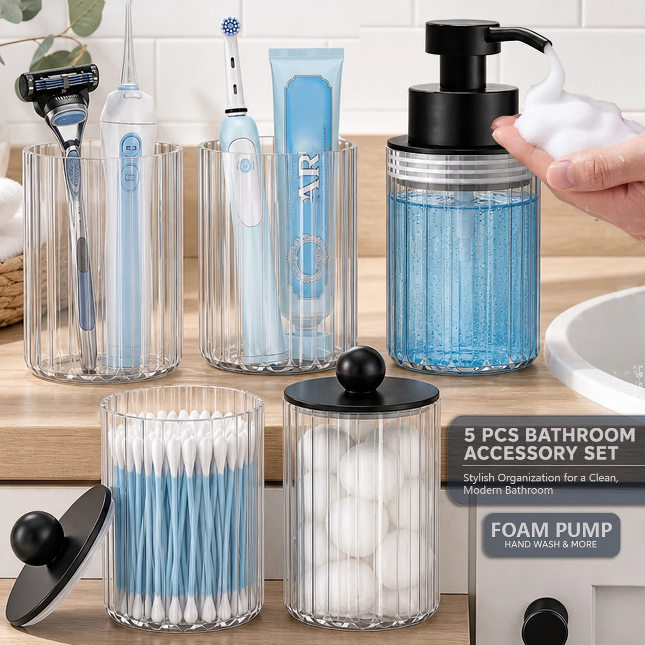 Clear Bathroom Vanity Accessories 5-Piece Set, Farmhouse Counter Organizer with Foaming Soap Bottle, Jar Container and Holder