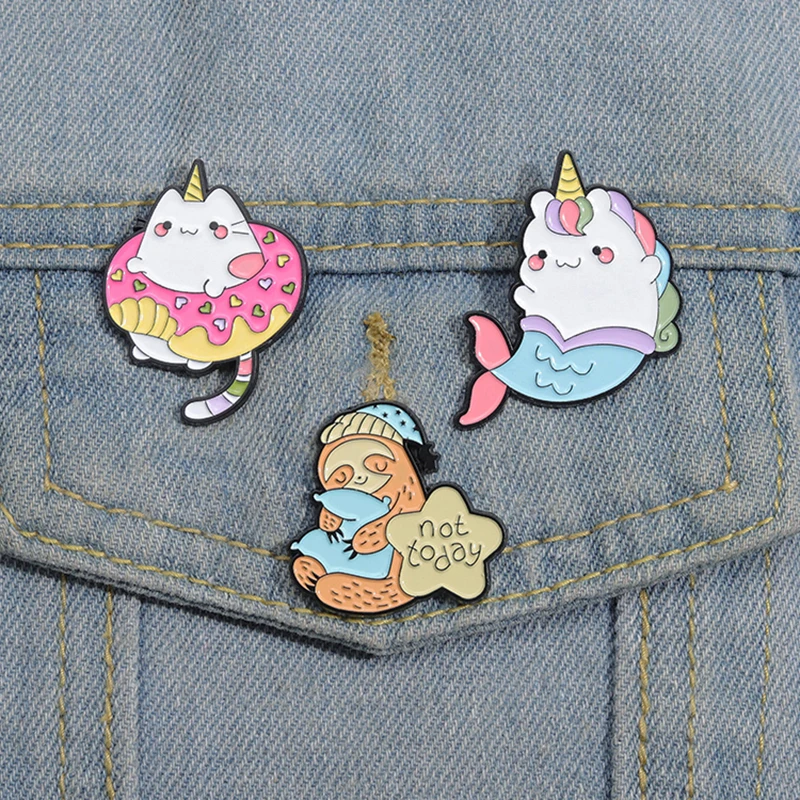 

Cute Animals Enamel Pins Custom Fun Mermaid Cat Sloth Brooches Lapel Badges Cartoon Animal Jewelry Gift for Kids Friends