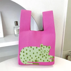 Cute Leopard Pattern Handbag Geometric Pattern Hand-Woven Tote Bag Simple Korean Women'S Mini Knotted Wrist Bag Tote Keys Pouch