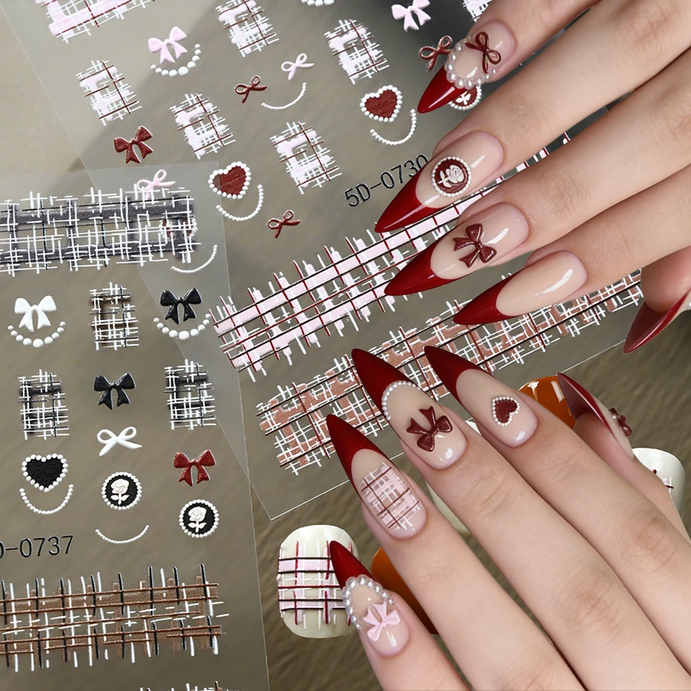 2Pcs/Lot 5D Checkered Bow Heart Nail Stickers Korean Style Plaid Bowknot Slider Sticker Self-Adhesive Grid Lines Nail Art Decals
