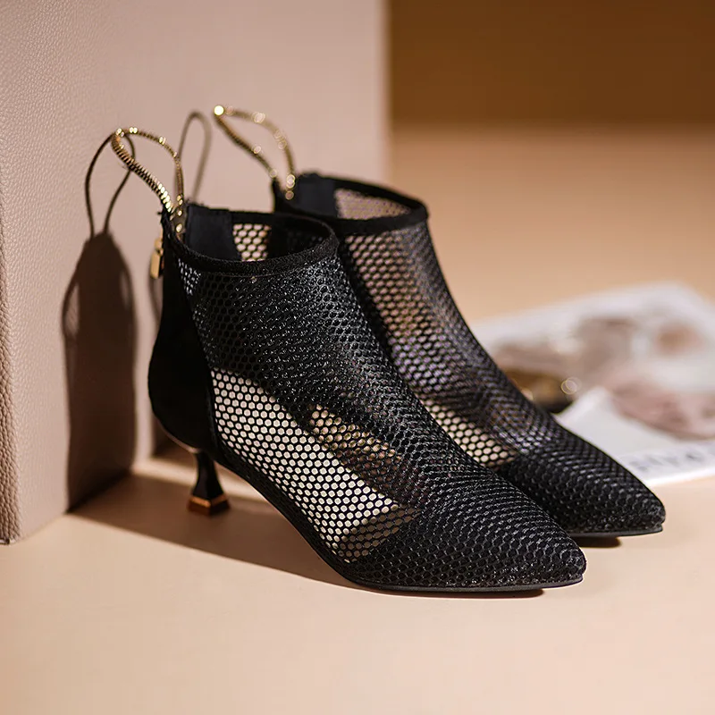 Hollow Ankle Boots New Sexy Hollow Fishing Net Roman Shoes Spring Summer 2023 Slim Heel Fashion Women High Heel Fashion Boots