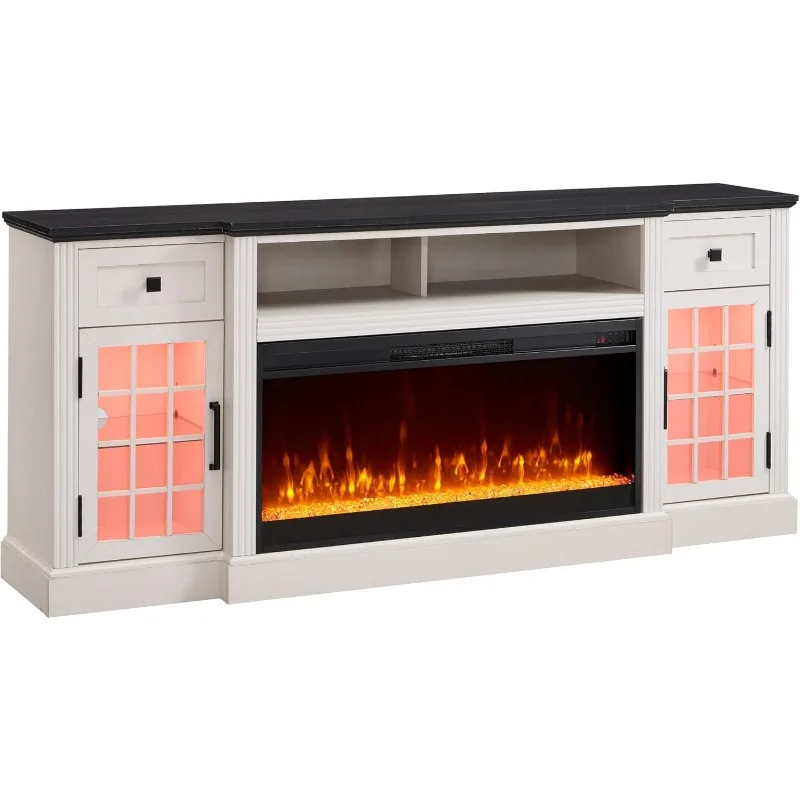 Farmhouse Fireplace TV Stand for 80 Inch TV, Entertainment Center w/ 36'' Electric Fireplace & LED Lights, Mordern Media Console