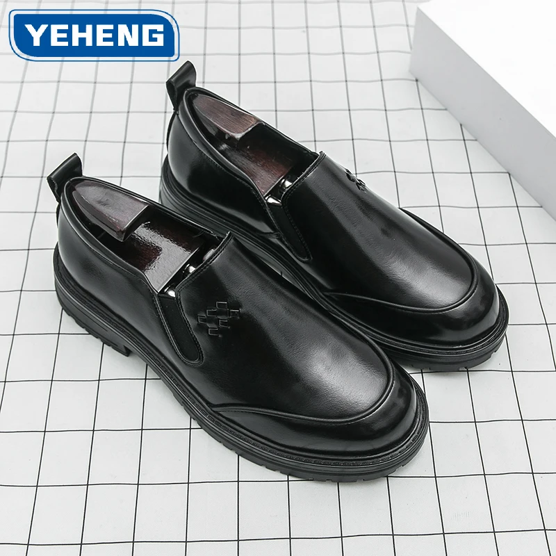 

Classic Men Leather Shoes Wide Fit Easy Slip On Elastic Loafers Anti-Slip Platform Dress Shoes Driving Work Formal Footwear
