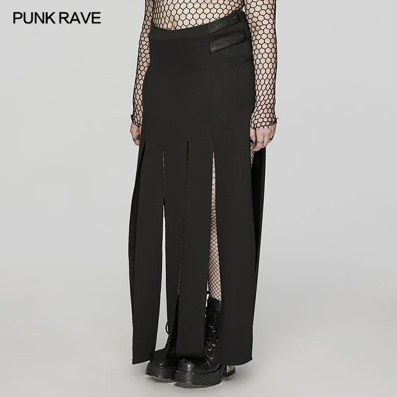 PUNK RAVE Women's Cool Punk Stretch Knit Split Cut Skirt Fringed Design Personalized Simple Style Long Skirts for Women