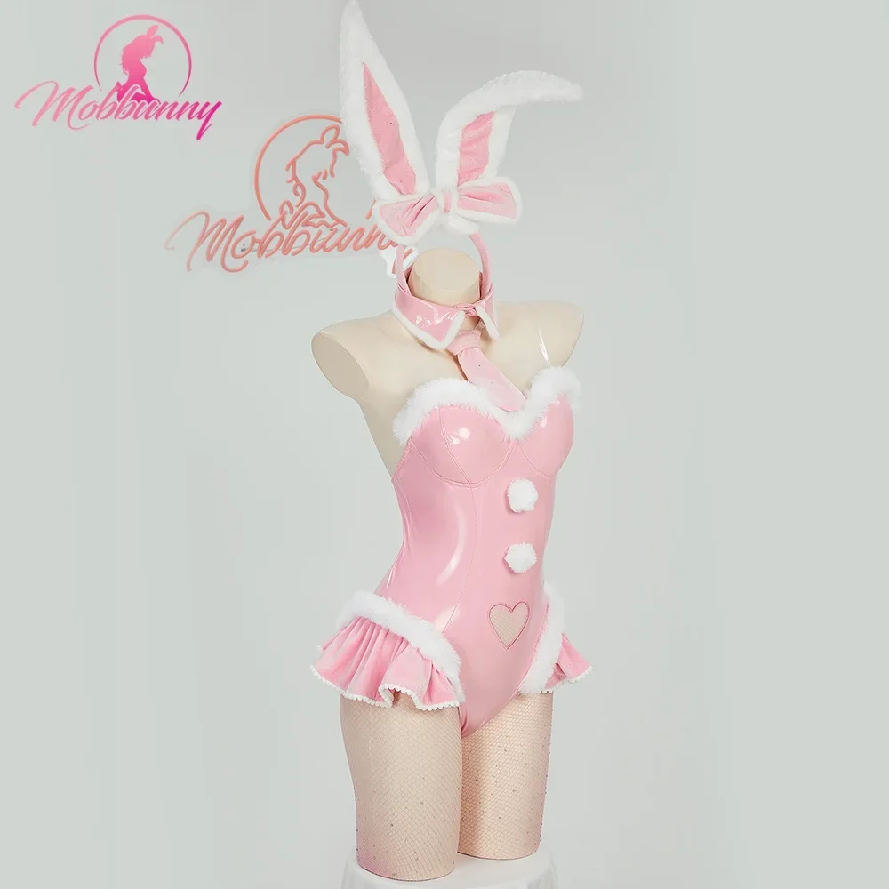 2025 Women Lingerie Pink Bunny Girl Cosplay Costume Furry Heart Cutout Bodysuit with Bunny Ears Headaband and Tail view 3