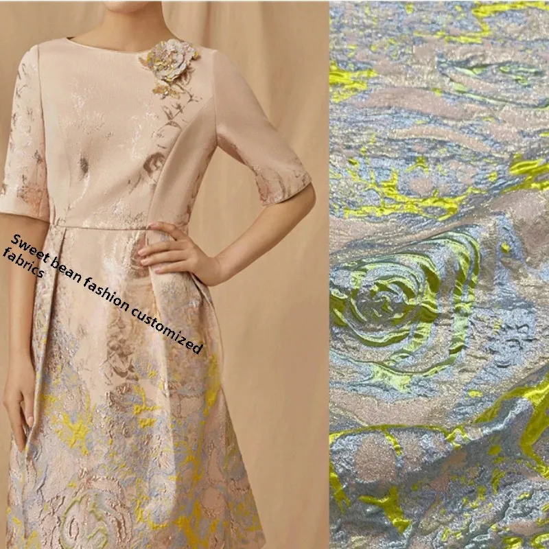 

Золотая линия, окрашенная в пряжу жаккардовая ткань, платье с принтом роз, плащ, модный дизайн, шитье своими руками, оптовая продажа, ткань по метрам