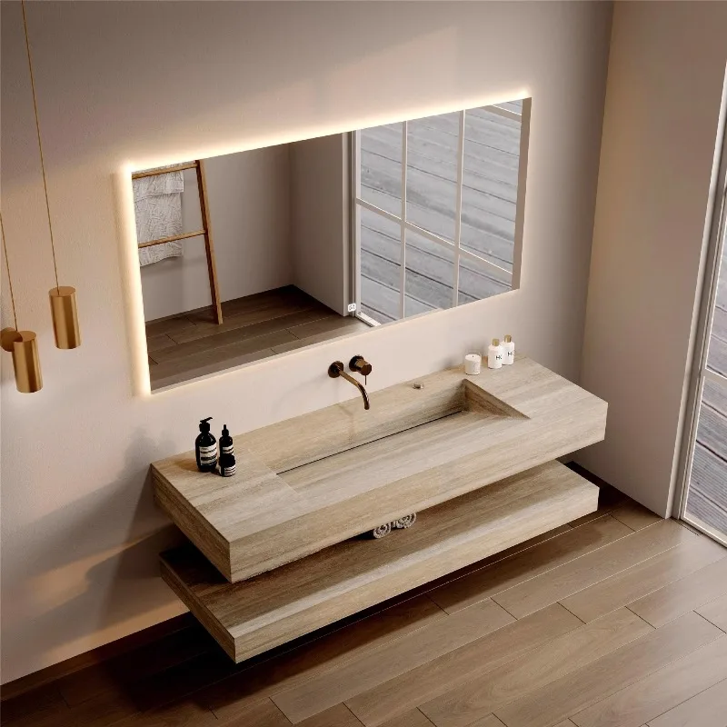 Rock slab integrated seamless basin bathroom cabinet combined travertine washbasin washbasin washbasin pool hotel