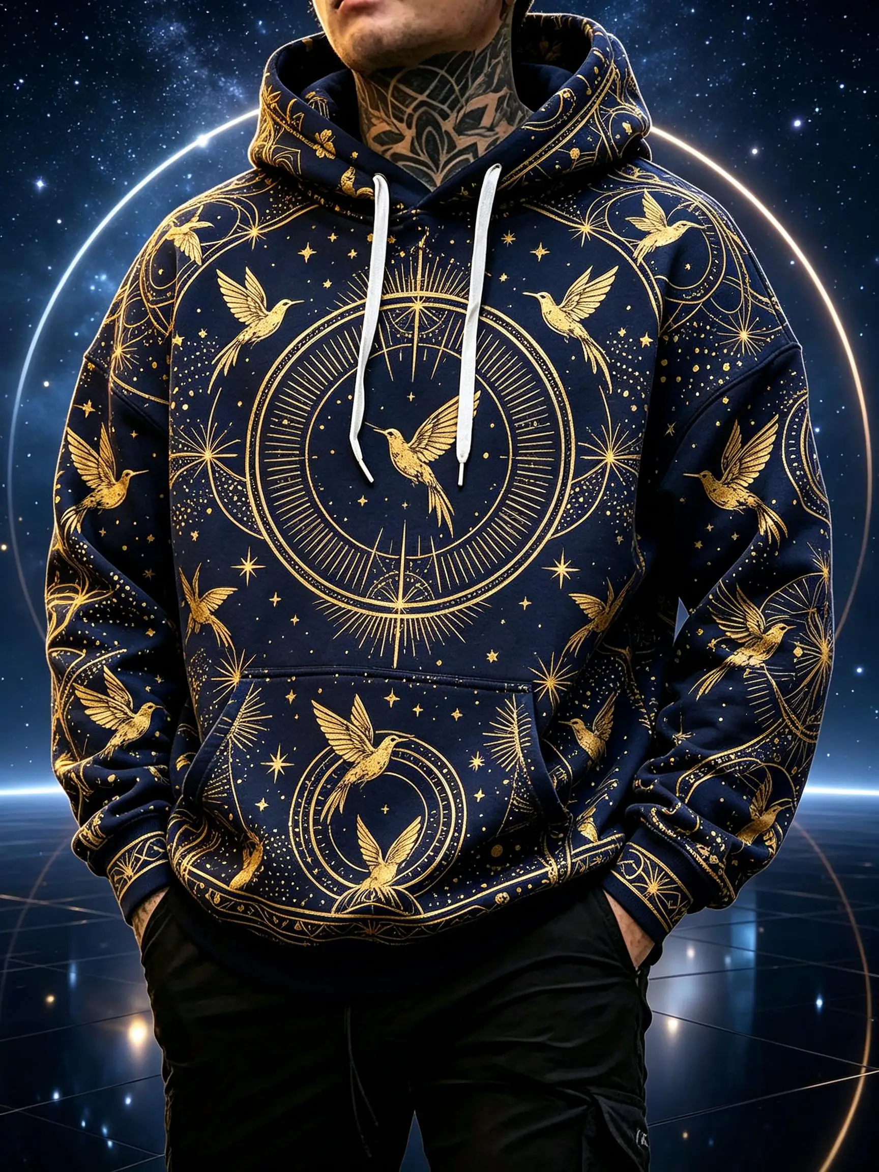 Men's Hoodie Navy Gold Hummingbird Star Clock Print Breathable Pullover Sweatshirt for Mystic Party Daily Wear