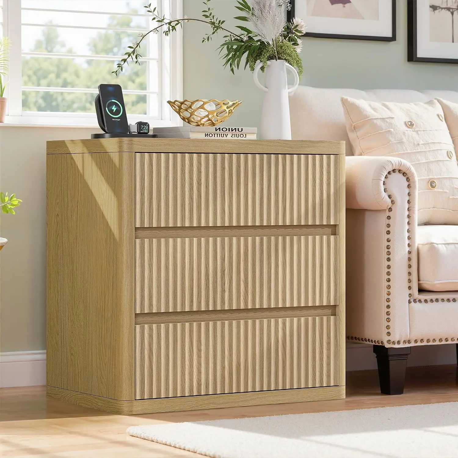 Fluted Nightstand Set of 2 Oak 3-Drawer Bedside End Table Mid Century Modern Curved Handleless 25