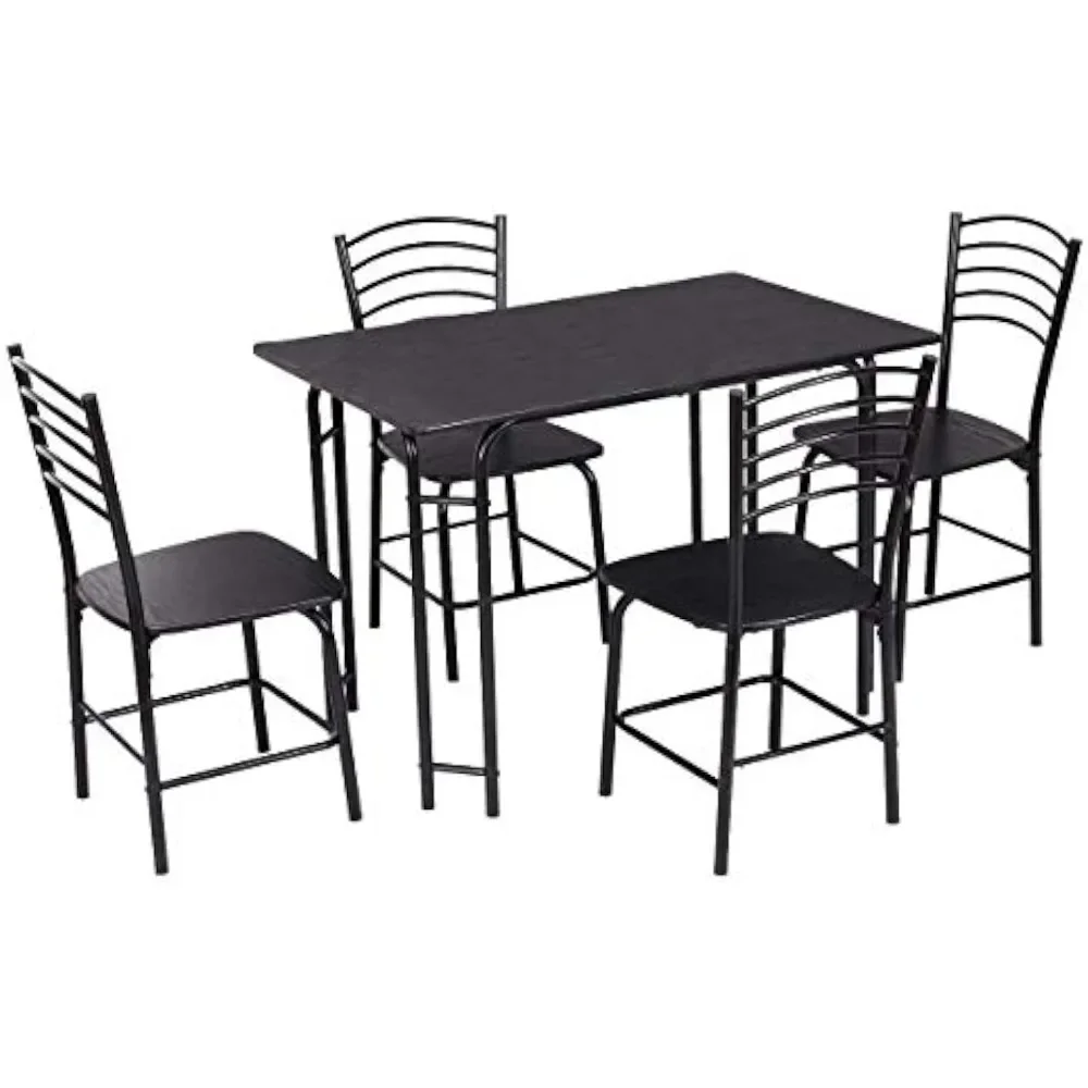 

5 PCS Dining Table Set 4 Person, Wooden Top and Metal Legs, Home Dining Room Rectangular Table, Black