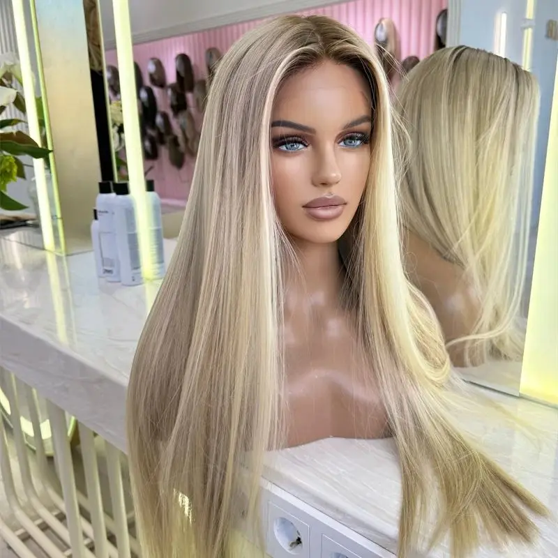 28 Inch Super Long Straight Wig Ombre Ash Blonde Balayage Highlights Wig Soft HD  Lace Front Wig Washable Synthetic Glueless Wig