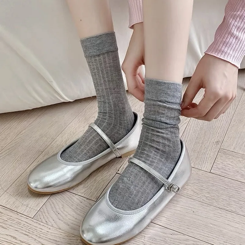 Fashion Spring Summer Solid Color Socks for Women Girls JK Vertical Strip Breathable Socks Middle Tube Cotton Soft Ballet Sock