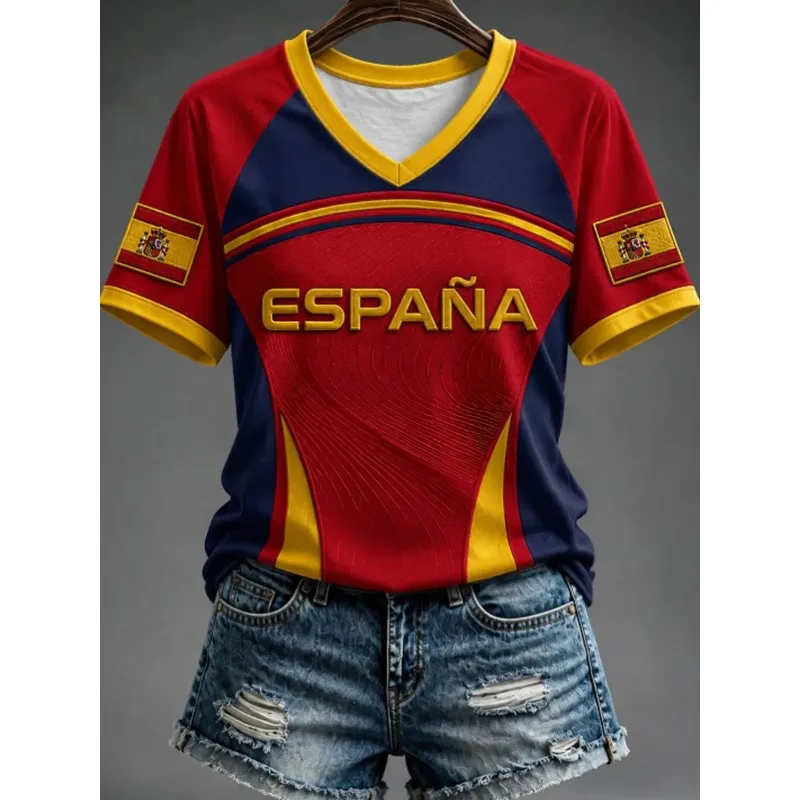 Retro V-neck women’s tee decorated with Spain-themed 3D prints, great for summer trips, holidays and everyday looks