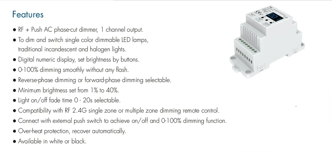 TR1 LED Triac RF Push Dimmer AC220V Input High Voltage AC100-240V Output 1CH To Dim Trailing Edge Dimming Din Rail Triac Dimmer