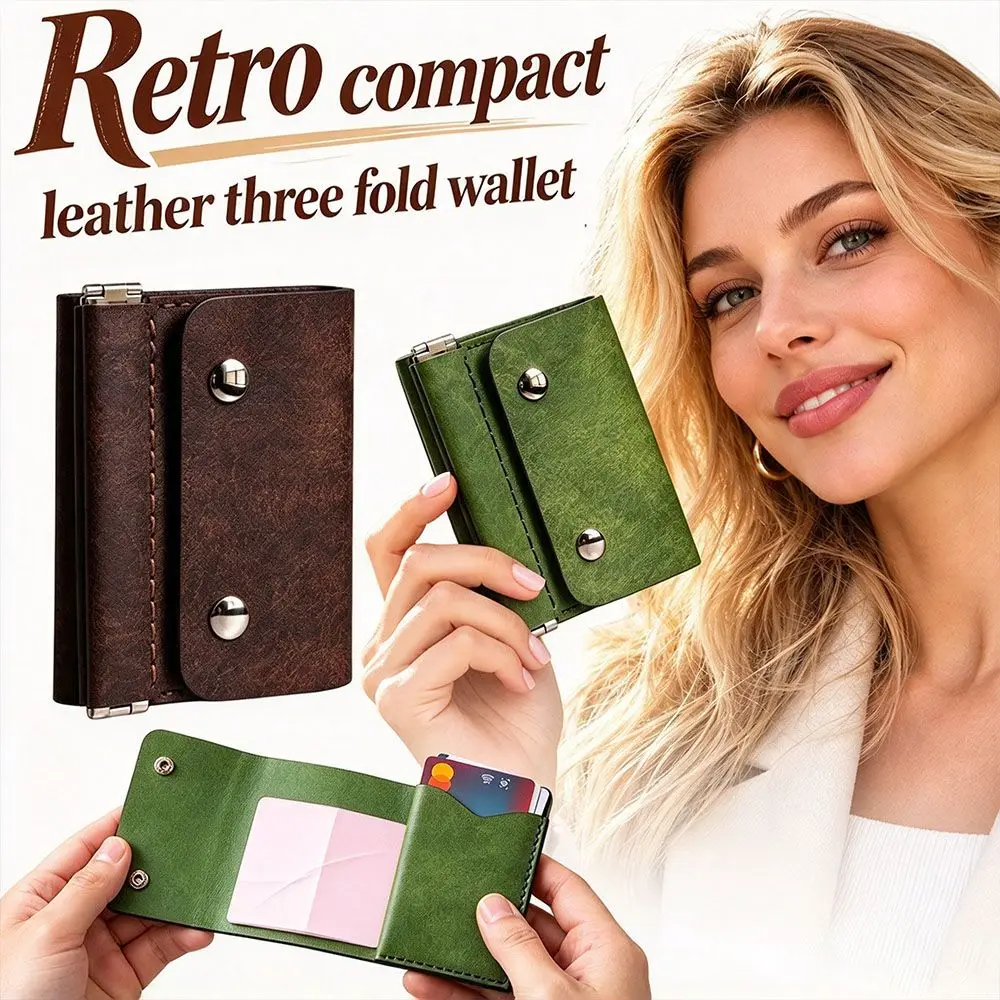 New Leather Compact Trifold Wallet Portable Vintage Leather Wallet Button Closure Tri-Fold Billfold Business Casual