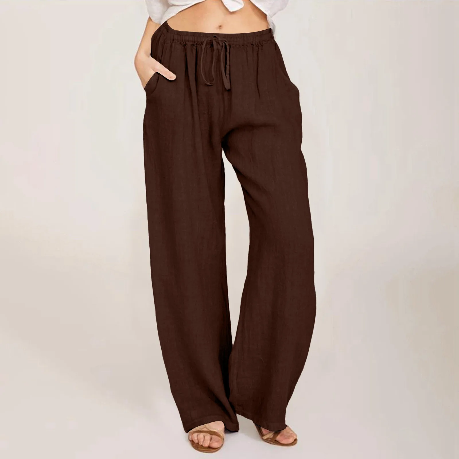 

Drawstring Solid Color Casual Pants Stylish Simple Versatile Women'S Pants Linen Loose Wide-Legged Pants