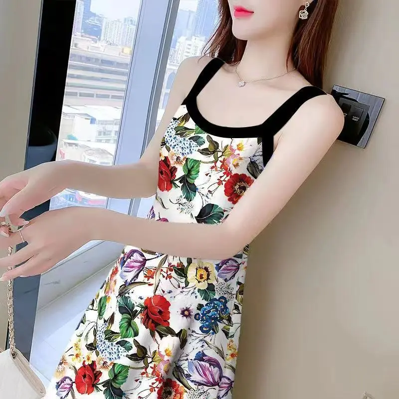 Summer Women Fashion Floral Print Sweet Strap Sleeveless Beach Midi Dress Female Casual High Waist Slim Dresses Elegant Vestidos