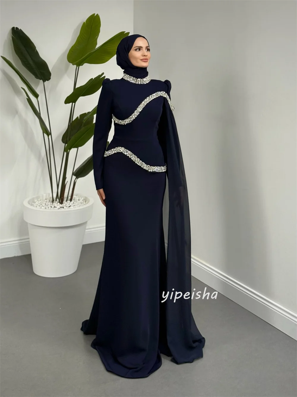 Customized Luxury Exquisite Jersey Rhinestone Pleat Mermaid High Collar Long Dresses Evening Dresses for Woman Pastrol Formal image 3