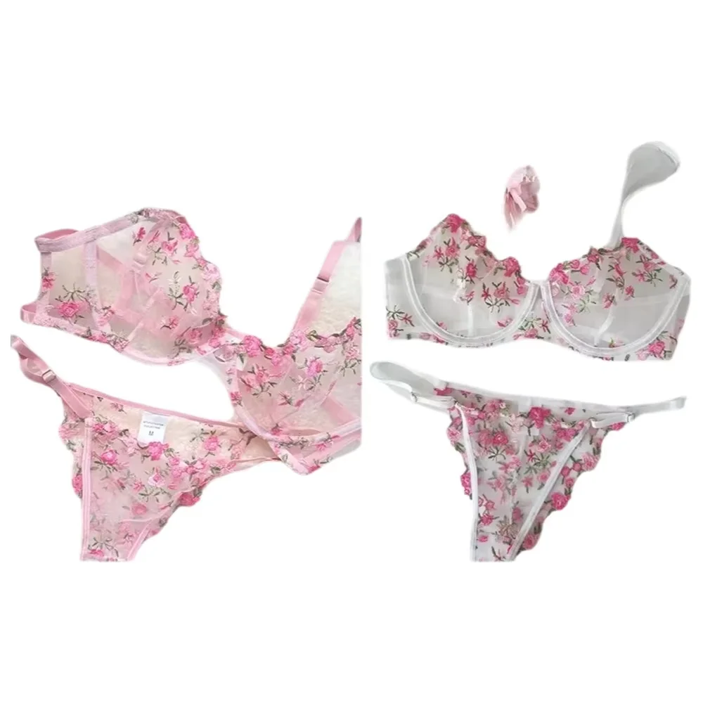 Durchsichtiger Spitzen-BH-Set mit Blumenstickerei, Dünner Atmungsaktiver Minimizer-BH, Anti-Sag, für Große Brüste, Damen Sommer Tägliche Unterwäsche S-XL Set