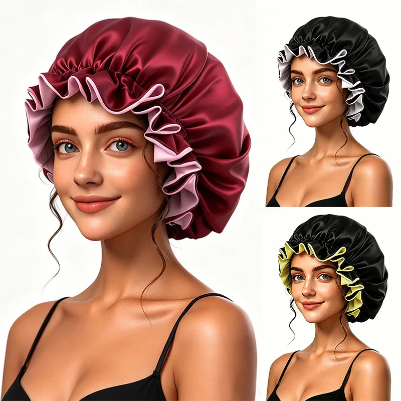 1pc Two Tone Satin Hat Silk Bonnet for Sleeping Satin Bonnets Double Layer Reversible Hair Cap Bonnet for Women Long Curly Braid
