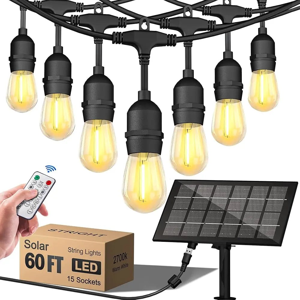 

Прямые солнечные гирлянды 60 футов с LED-лампами S14, уличные светильники для патио с 15 патронами, ударопрочные, всепогодные, S14 LED