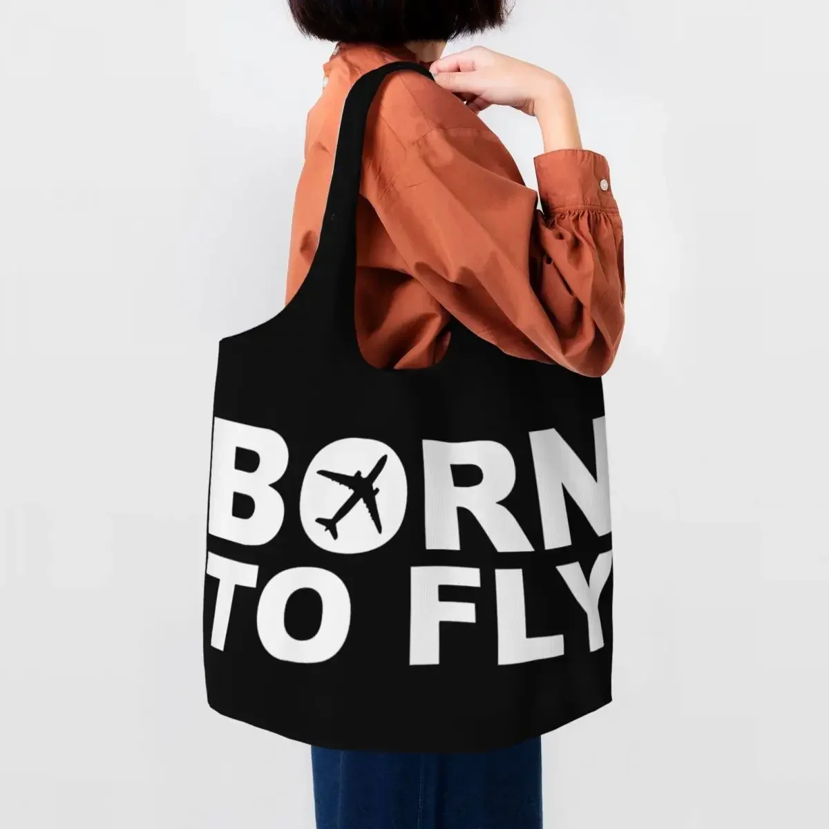 Born To Fly Flight Pilot Canvas Shopping Bag Portable Big Capacity Groceries Aviation Airplane Aviator Gift Shopper Tote Bags