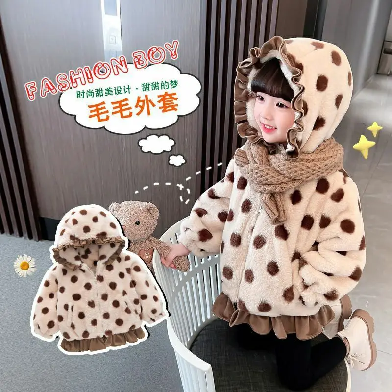 

Winter Jacket Kids Girl Parkas Hooded Lamb Wool Coat For Girls Children Polka Dot Faux Fur Coats Cute Warm Kids Jacket Overcoat