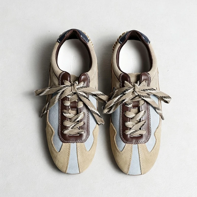 Women Retro Suede Patchwork Sneakers Lace Up Flat Contrast Walking Shoes Casual Street Daily Comfort Footwear For Ladies Outfits