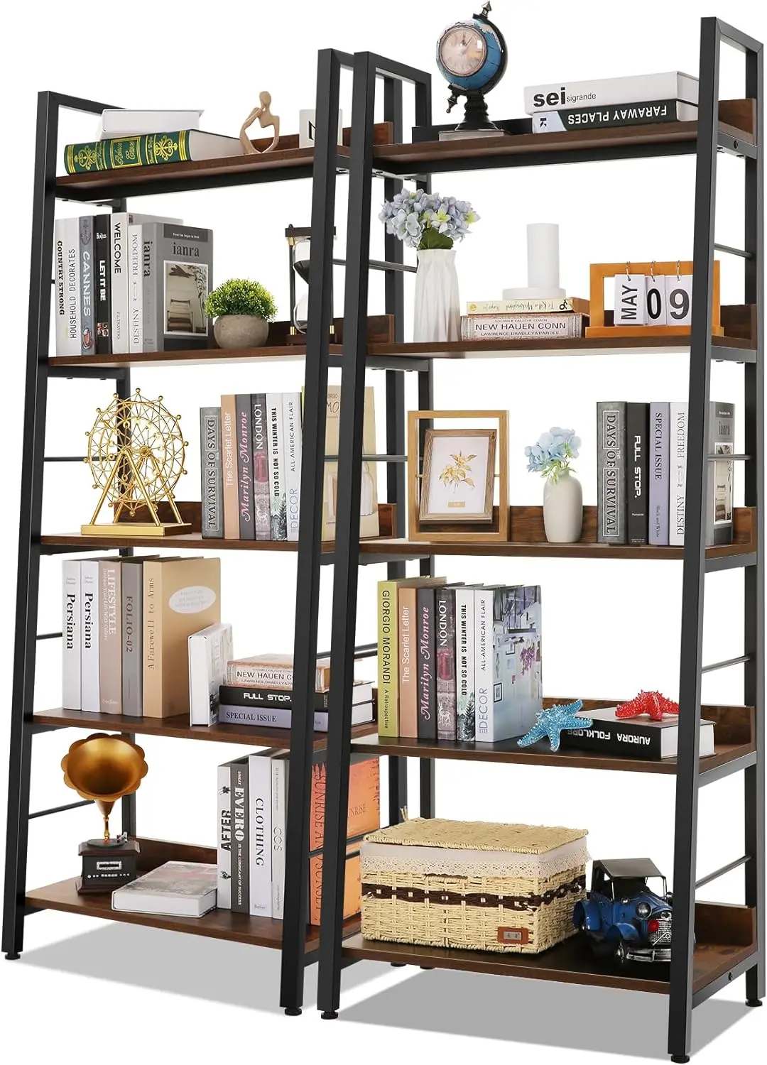 Ladder Shelf Set of 2, 5-Tier Ladder Bookcase, Industrial Bookshelf Wood and Metal Bookshelves, Plant Flower Stand Rack