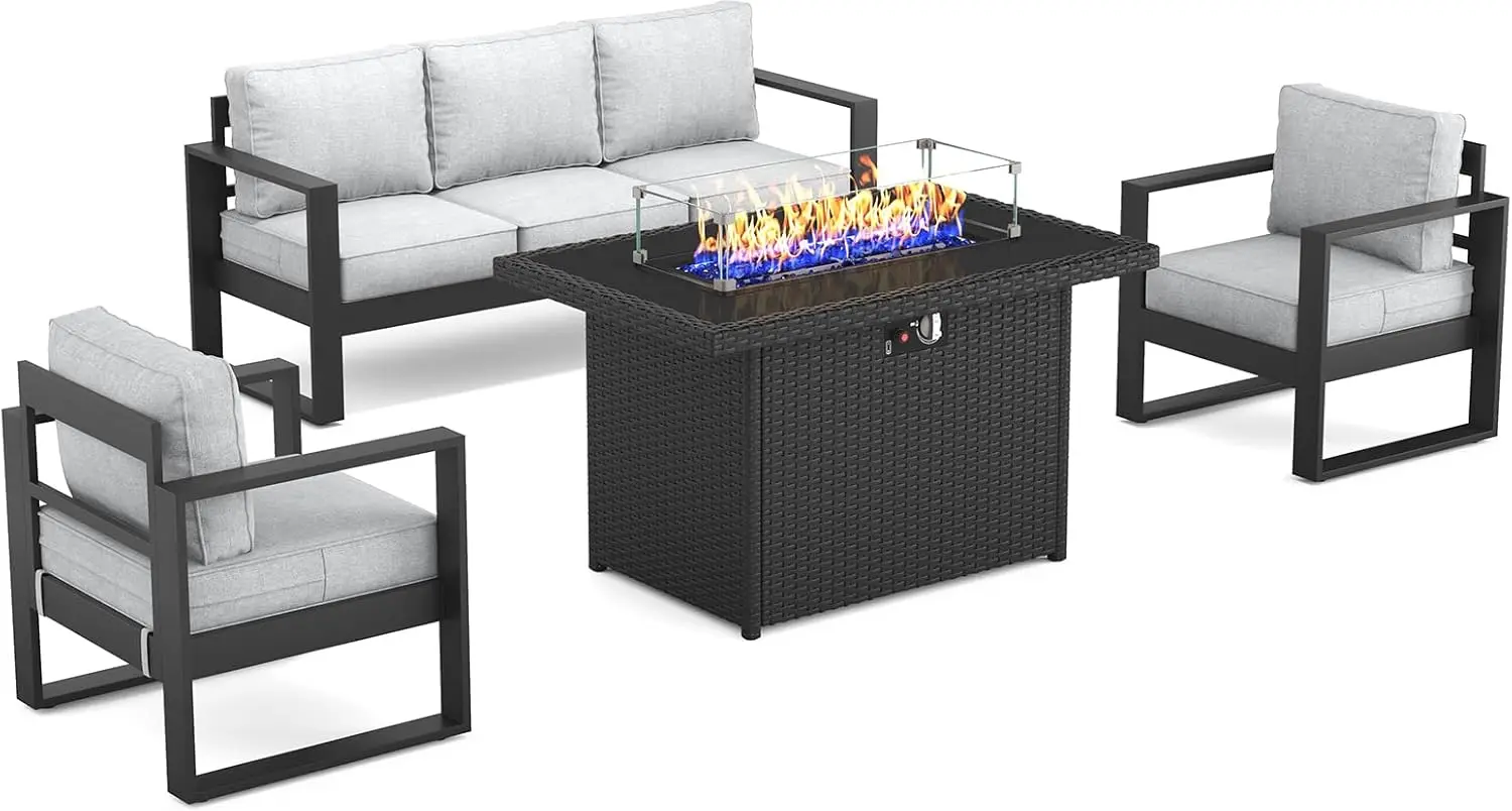 Aluminum Furniture Set with Fire Pit Table - 4 Pieces Modern Patio Conversation Sets Metal Sectional Sofa Set