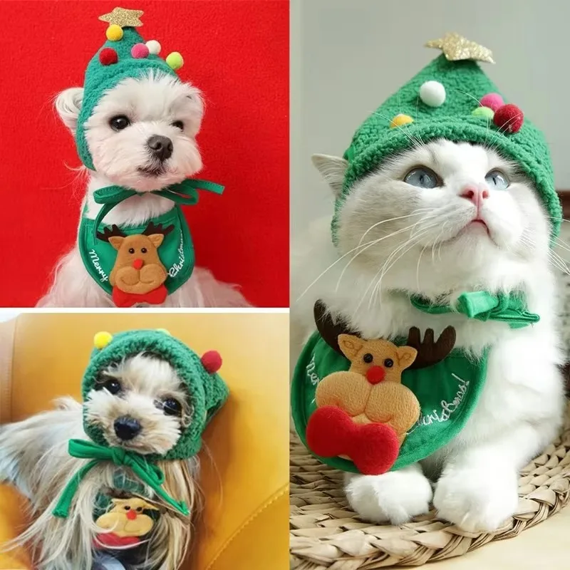 Adorable Christmas Tree Pom-Pom Hat Dog Cat Christmas Drool Bib Christmas Pet Antler Hat Christmas Tree Shaped Pet Hat