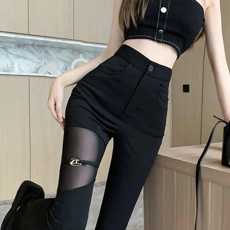 

Black Sexy Net Yarn Patchwork Wide Leg Women Spring Summer Fashion Slim Appear Thin Straight Trend All-match Casual Trousers