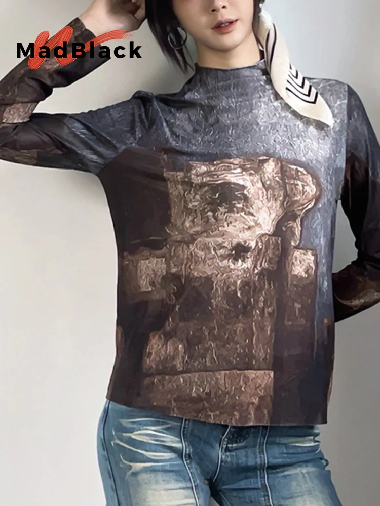 

MadBlack-женская европейская футболка, сексуальный принт с воротником-стойкой, модная современная тонкая эластичная футболка с длинными рукавами M-2XL, зима 2025 T5N541CC