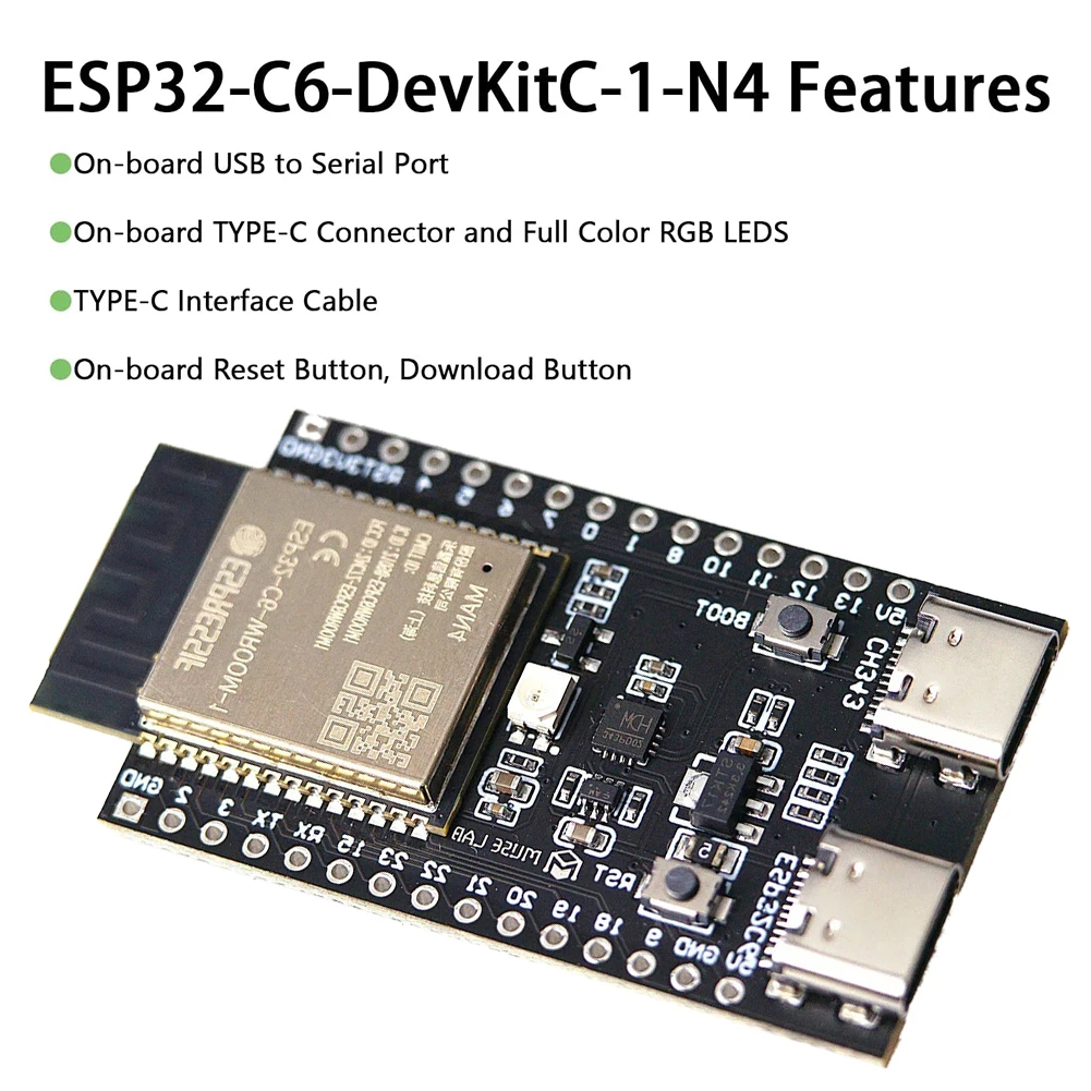 Módulo de desarrollo de ESP32-C6 1-10X, WiFi, Bluetooth, Compatible con ESP32-C6-WROOM-1, placa de sistema mínima, doble tipo C RISC-V 512KB SRAM